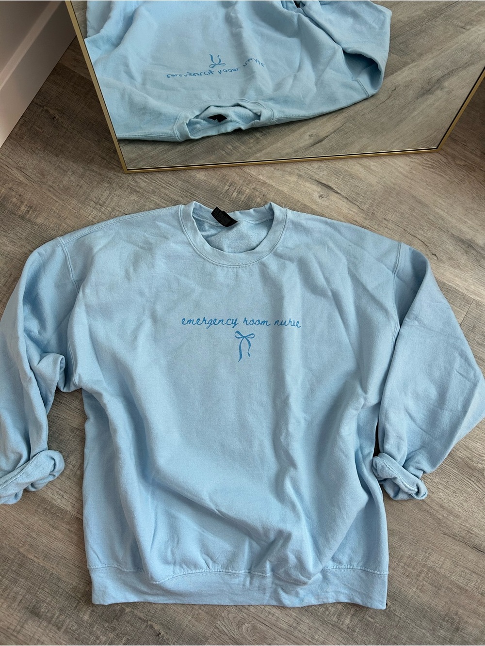 Light Blue Printed Emergency Room Nurse Bow Crewneck Sweatshirt - Size XL